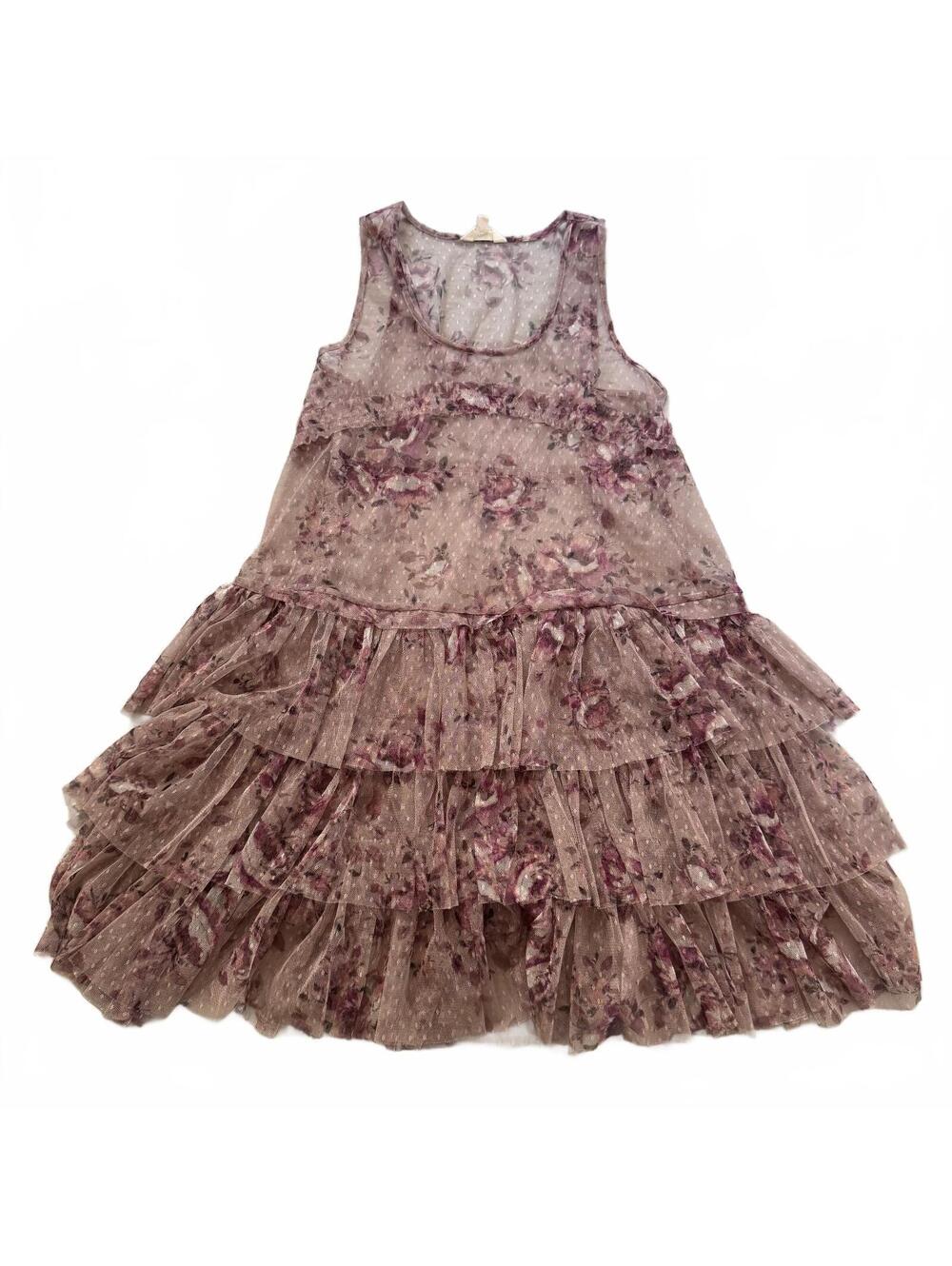 Whimsigoth Lucky Tulle Mini Dress Womens Medium Mauve Floral Tiered Ruffle Sheer
